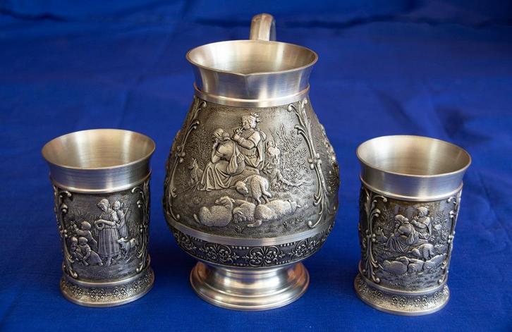 Tinnen kroes bijpassende bekers, Antiek en Kunst, Antiek | Tin, Ophalen of Verzenden