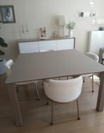 Glazen blad,metalen poten taupe, Huis en Inrichting, Tafels | Eettafels, Ophalen, Zo goed als nieuw