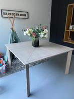 Tafel 8p vierkant + alle tafellakens. Rond opzetstuk tot 12p, Huis en Inrichting, Tafels | Eettafels, Gebruikt, Eikenhout, Vijf personen of meer