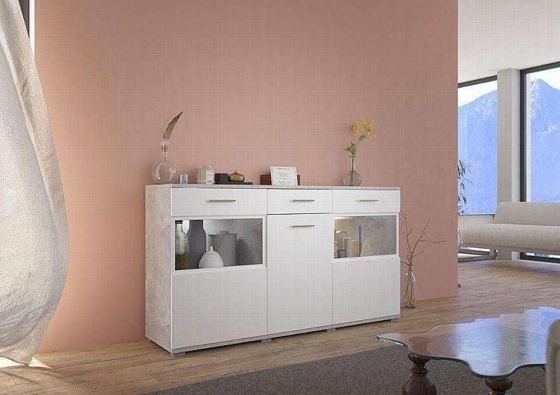 Dressoir Wit Betonlook – Licht, Modern & Sfeervol, Teakhout, Nieuw, Ophalen of Verzenden, 200 cm of meer