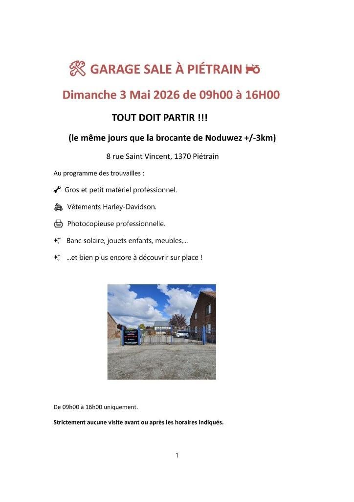 Garage sale, Piétrain 03 Mai 2026, Enlèvement, Utilisé