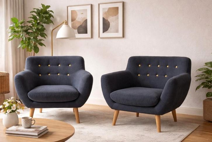 Set 2 design fauteuils Sentou Coogee – blauw/eik, Maison & Meubles, Fauteuils, Utilisé, Bois, Tissus, 75 à 100 cm, 75 à 100 cm