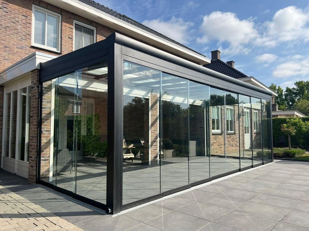 Glazen schuifwand 6-rail / 6 meter – Compleet – €1500, Tuin en Terras, Overkappingen, Ophalen of Verzenden, Nieuw, Veranda