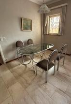 Prachtige vintage eettafel+stoelen in chroom en gerookt glas, Ophalen, Zo goed als nieuw