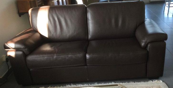 Bruine lederen salon met twee elektrische relaxen, Maison & Meubles, Canapés | Salons, Utilisé, Enlèvement