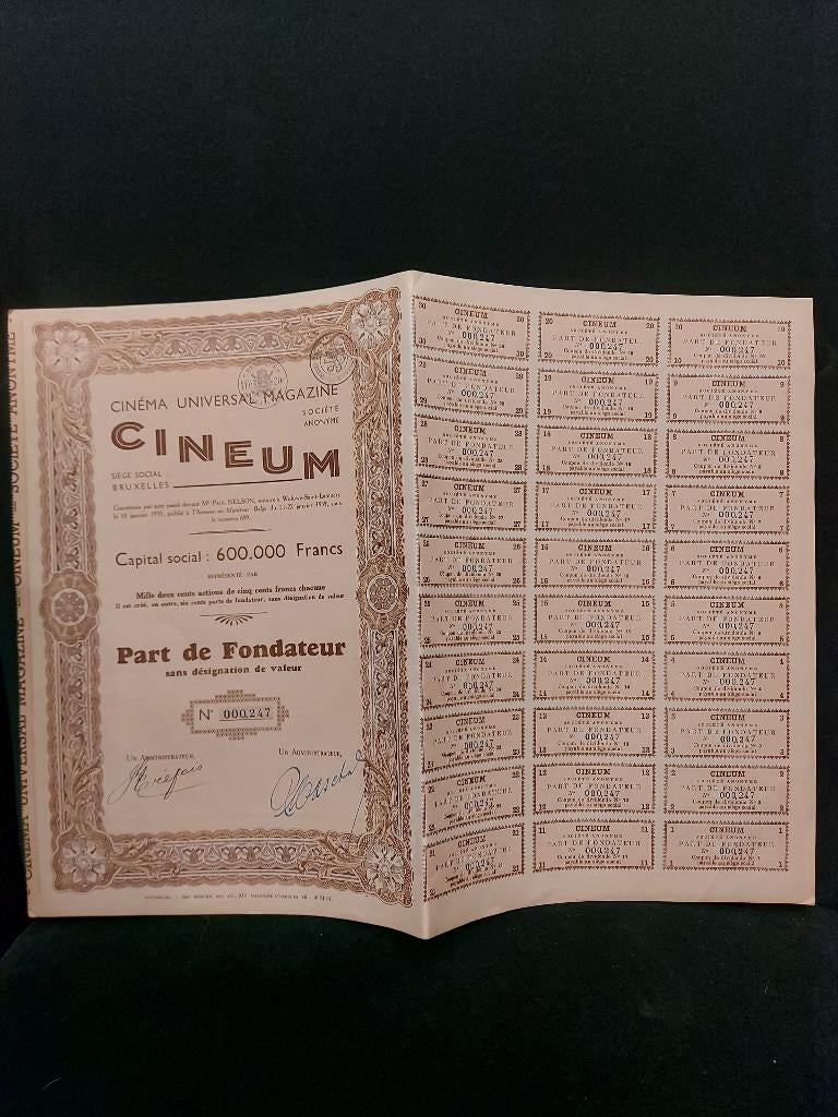 Vintage aandeel Belgisch cinema magazine "Cineum", 1935, Ophalen of Verzenden, 1920 tot 1950, Aandeel