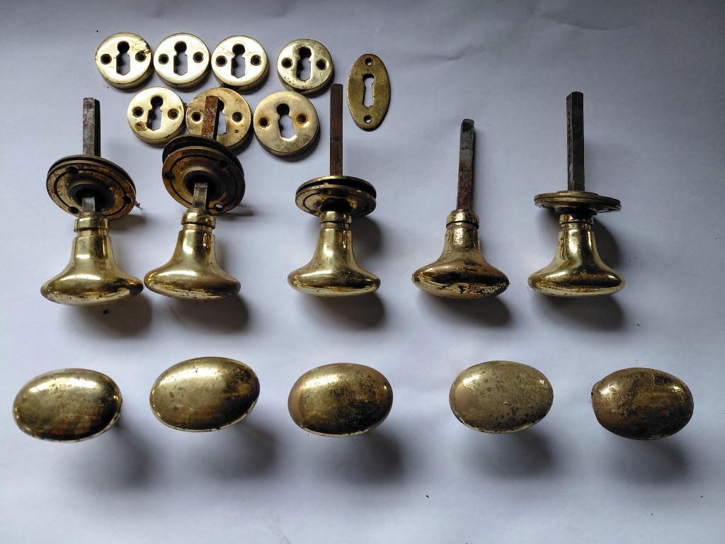 5x koperen deurknoppen, Ophalen, Gebruikt, Metaal, Binnendeur
