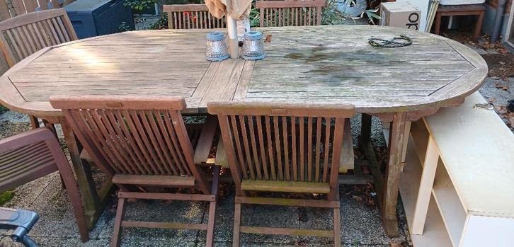 Grote teak tafel, Tuin en Terras, Tuintafels, Gebruikt, Ovaal, Teakhout, Ophalen
