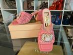Mocassins RAS en raphia rose, strass, talon large - 39, Enlèvement ou Envoi, Rose, Comme neuf, Sabots