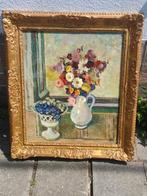 Huile sur toile fleurs signe Léon devos, Antiquités & Art, Enlèvement ou Envoi