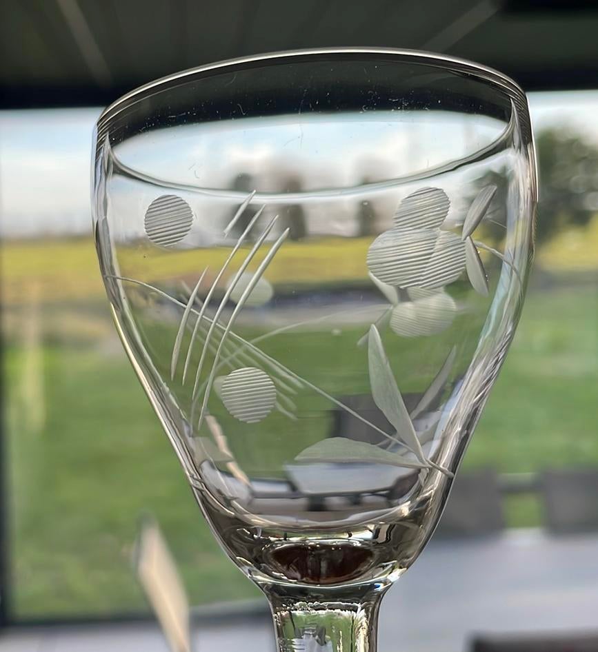 Vintage geëtste water likeur en wijnglazen Art Deco jaren 30, Ophalen, Gebruikt