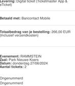 2 Ticket Rammstein Oostende (27/06) Golden circle, Juni, Twee personen, Hard Rock of Metal