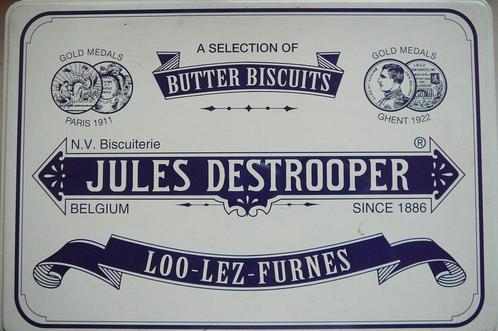 2 boîtes à biscuits vides Jules Destrooper avec fonds différ, Collections, Boîte en métal, Utilisé, Biscuits, Autres marques, Enlèvement ou Envoi