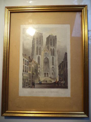 gravure ancienne coloriée Cathédrale Ste GUDULE BXL 