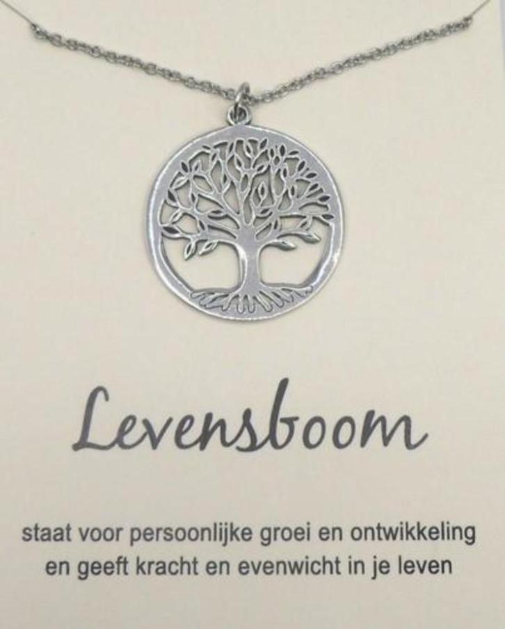 Levensboom hanger aan ketting, op cadeaukaartje, Handtassen en Accessoires, Kettingen, Nieuw, Zilver, Zilver, Ophalen of Verzenden