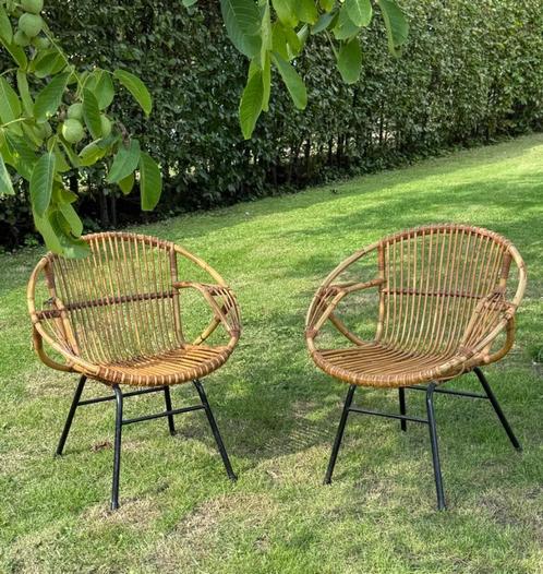Twee vintage Rohé Noordwolde rotan stoelen, Huis en Inrichting, Stoelen, Gebruikt, Twee, Metaal, Riet of Rotan, Overige kleuren