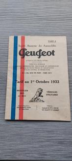 oud tarief auto's Peugeot 1933, Verzamelen, Verzenden, Gebruikt, Overige typen