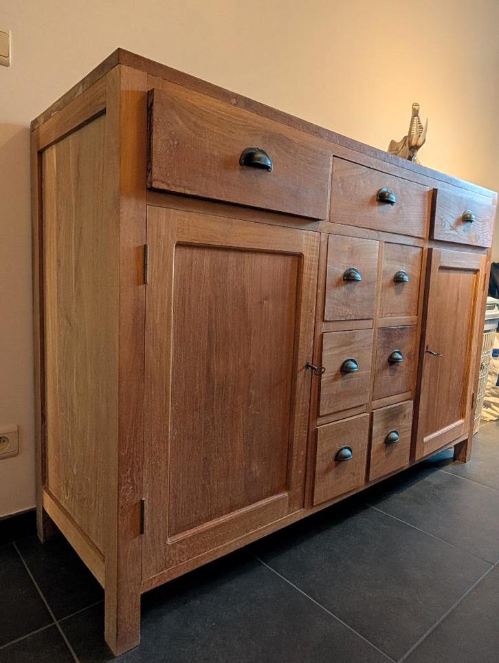 Massief teak dressoir – lades + 2 deuren – vintage/tijdloos, Huis en Inrichting, Kasten | Dressoirs, Gebruikt, 150 tot 200 cm