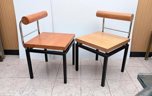 2 postmodern design stoelen space age, Huis en Inrichting, Stoelen, Gebruikt, Twee, Hout, Metaal, Bruin, Ophalen