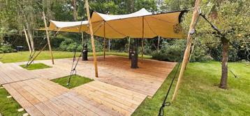 Stretchtent 8.5x10 met lussen 1 jaar oud zandkleur, Ophalen of Verzenden, Zo goed als nieuw