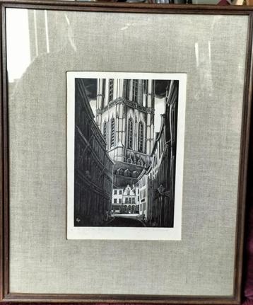 Au pied de la cathédrale, houtsnede Paul Eeckhout beschikbaar voor biedingen