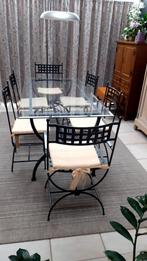 Tafel met 6 stoelen zwart metaal met glazen blad., Huis en Inrichting, Tafels | Eettafels, 50 tot 100 cm, 150 tot 200 cm, Rechthoekig