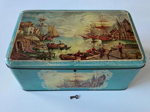 Oude blikken doos met haven zichten, Verzamelen, Blikken, Gebruikt, Overige merken, Ophalen of Verzenden