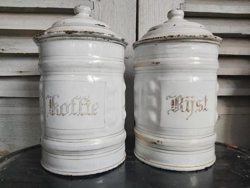 2 oude witte emaille voorraad bussen Koffie en Rijst, Antiek en Kunst, Antiek | Email, Ophalen of Verzenden