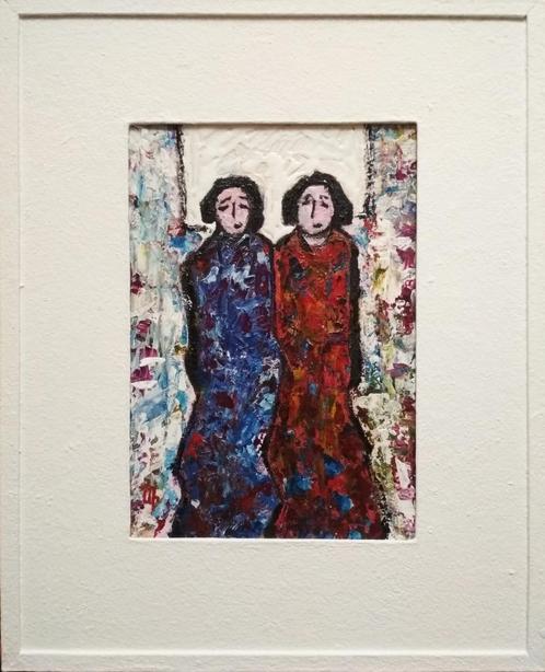 "Vrienden" Schilderij met lijst, Antiek en Kunst, Kunst | Schilderijen | Modern, Verzenden