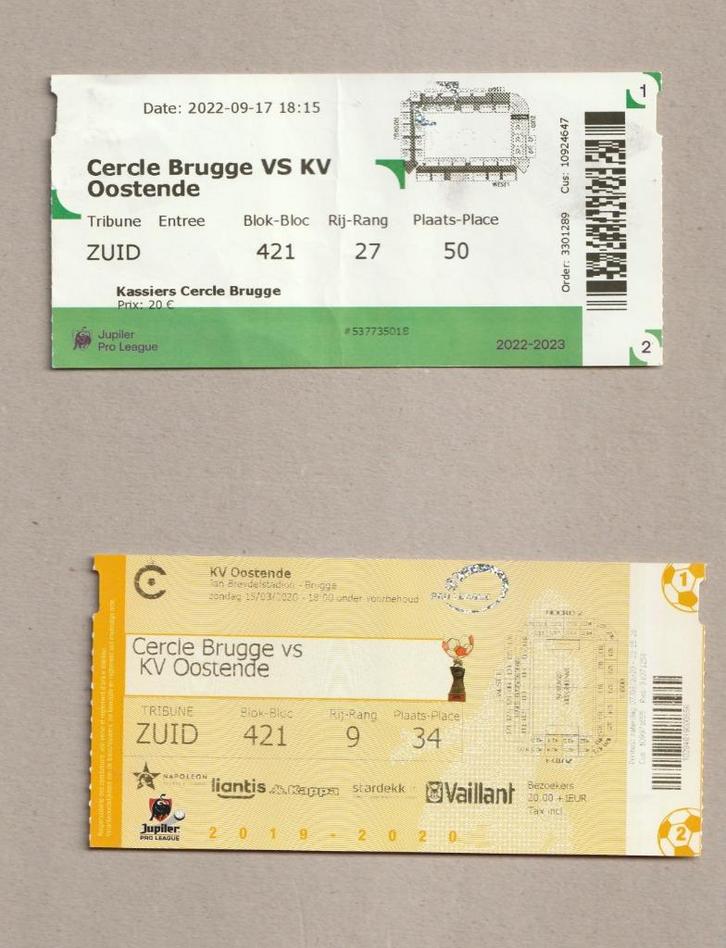 2 versch (gebruikte) tickets Cercle - Oostende (2020-2022), Verzamelen, Sportartikelen en Voetbal, Gebruikt, Overige typen, Ophalen of Verzenden