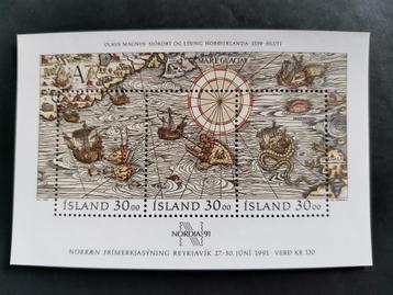 IJsland 1989 - oude landkaart - boten - vissen - zeeslang **