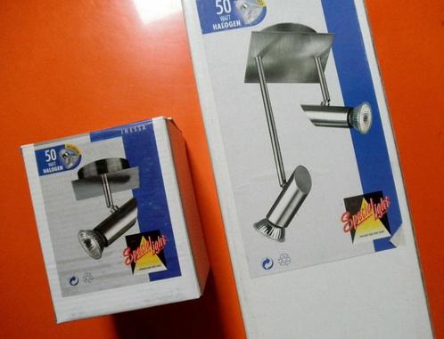 Ensemble de 3 spots halogène - métal brossé et chromé, Huis en Inrichting, Lampen | Spots, Zo goed als nieuw, Plafondspot of Wandspot