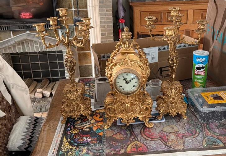 Garniture de cheminé en bronze doree, Antiek en Kunst, Antiek | Brons en Koper, Brons, Ophalen