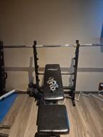 Halterbank met gewichten en barbell, Sport en Fitness, Ophalen, Gebruikt, Metaal, Krachtstation