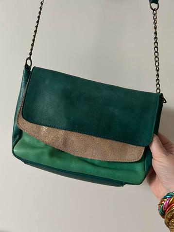 Sac cuir turquoise / vert / doré.