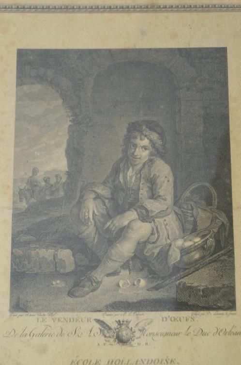 Franse gravure 'Le vendeur d'oeufs' ca 1786, Antiek en Kunst, Kunst | Etsen en Gravures, Verzenden