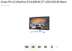 Ecran PC LG UltraFine 27UL850-W 27" LED UHD 4K Blanc, Comme neuf, LG, 3 à 5 ms, 60 Hz ou moins