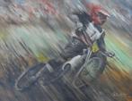R. KOSTER / MOTORCROSSER / OLIEVERF DOEK / 70x90cm / SIG, Antiek en Kunst, Kunst | Schilderijen | Modern, Ophalen