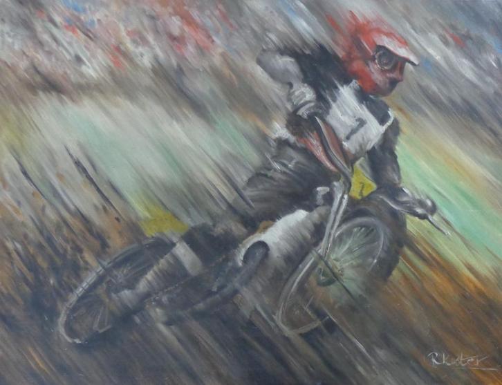 R. KOSTER / MOTORCROSSER / OLIEVERF DOEK / 70x90cm / SIG, Antiek en Kunst, Kunst | Schilderijen | Modern, Ophalen