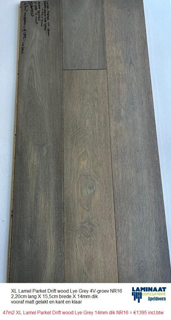 47m2 XL Lamel Parket Drift Wood Lye Grey 4V NR16 = €1395, Huis en Inrichting, Stoffering | Vloerbedekking, Nieuw, Parket, Bruin