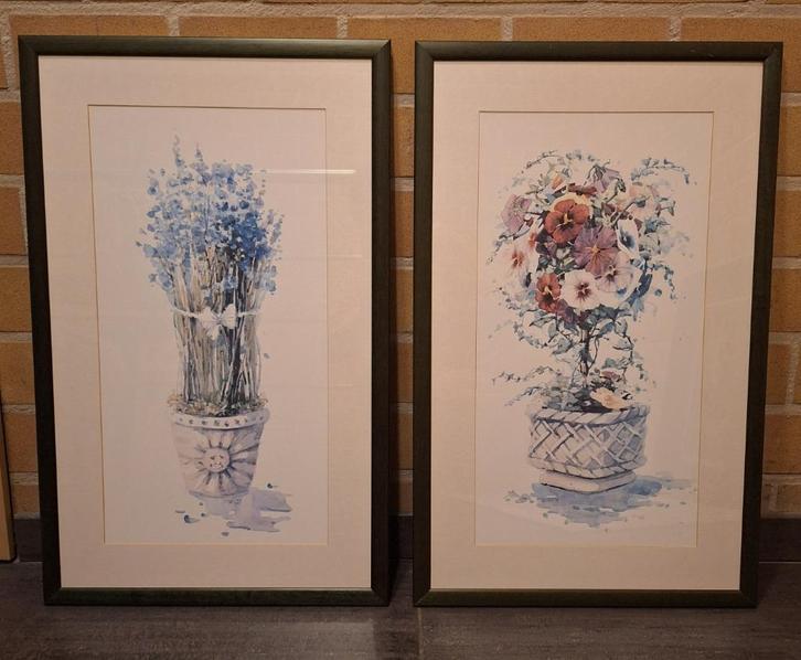 Kaders (2) met waterverf-tekening, Huis en Inrichting, Woonaccessoires | Lijsten, Gebruikt, 50 tot 75 cm, Minder dan 50 cm, Hout