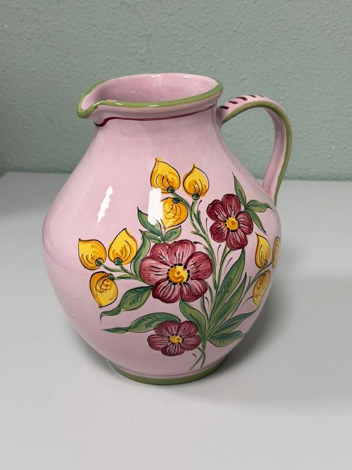 Vintage handgeschilderd keramieke kan roze bloemmotief GROOT, Antiek en Kunst, Antiek | Servies los, Ophalen of Verzenden