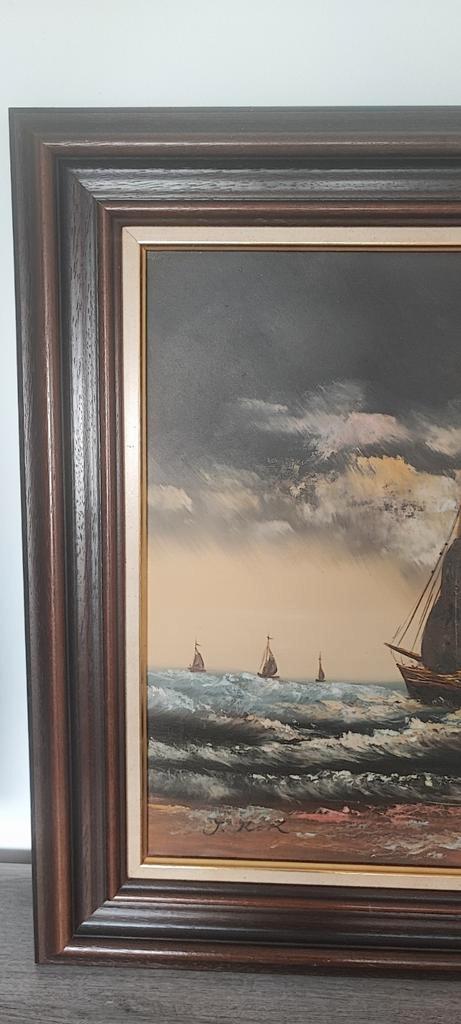 Olie schilderij op doek boten in mooie kader, Antiek en Kunst, Kunst | Schilderijen | Klassiek, Ophalen of Verzenden