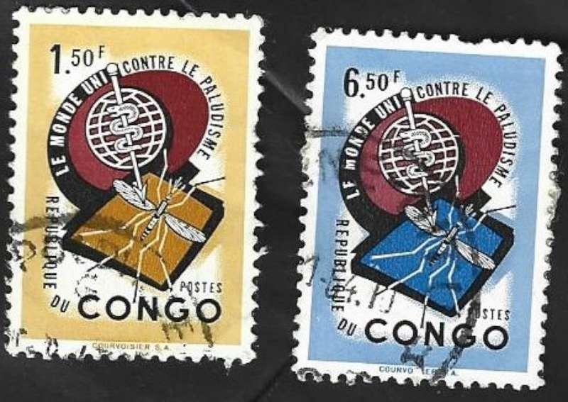 2 Postzegels Congo-Kinshasa 1962 Malariabestrijding, Ophalen of Verzenden, Overige landen, Gestempeld