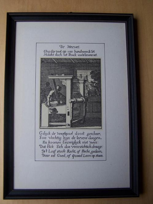 Twee ingekaderde etsen: De wever, De visser, Antiek en Kunst, Kunst | Etsen en Gravures, Ophalen