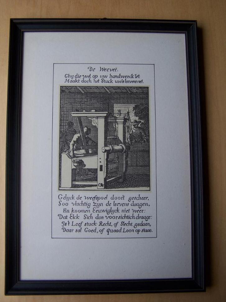 Twee ingekaderde etsen: De wever, De visser, Antiek en Kunst, Kunst | Etsen en Gravures, Ophalen