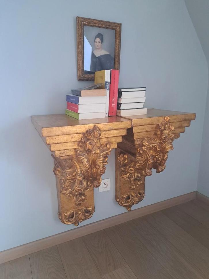 Twee Antiek Italiaanse in Bladgoud Gestoken Wand Kandelabers, Antiek en Kunst, Kunst | Beelden en Houtsnijwerken, Ophalen