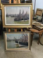 2 schilderijen van Jules Dubois, boten, marines, Antiek en Kunst, Ophalen