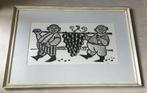 Grafisch werk 2 mannetjes+druiventros door Piet Janssens, Antiek en Kunst, Kunst | Etsen en Gravures, Ophalen