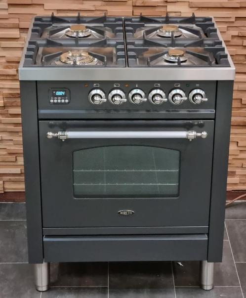 🔥Luxe Fornuis Boretti 70 cm antraciet + rvs 4 pits 1 oven, Elektronische apparatuur, Fornuizen, Zo goed als nieuw, Vrijstaand